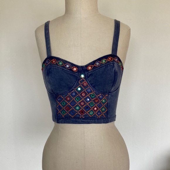 Urban Outfitters Ecote crop top with shisha embroidery, blue cotton knit, M - Picture 3 of 8